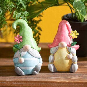New - Set of 2 Terracotta Gnomes with Metal Flower Statuary